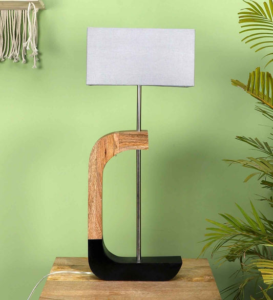 Rectangular Shaped Grey Fabric Shade Table Lamp with Brown & Black Base