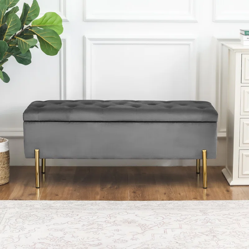 Rectangular Shaped Velvet Storage Ottoman with Golden Metal Finish