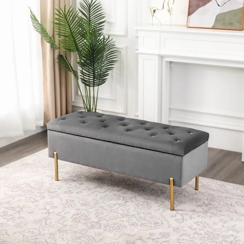 Rectangular Shaped Velvet Storage Ottoman with Golden Metal Finish