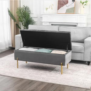 Rectangular Shaped Velvet Storage Ottoman with Golden Metal Finish