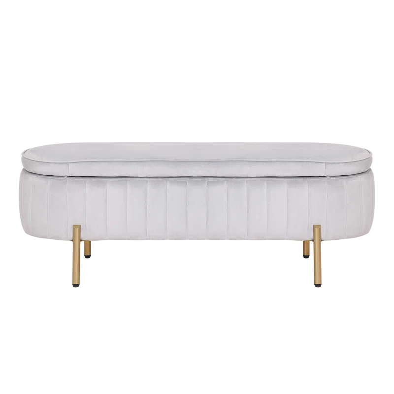 Rectangular Shaped White Velvet Storage Ottoman with Golden Metal Finish