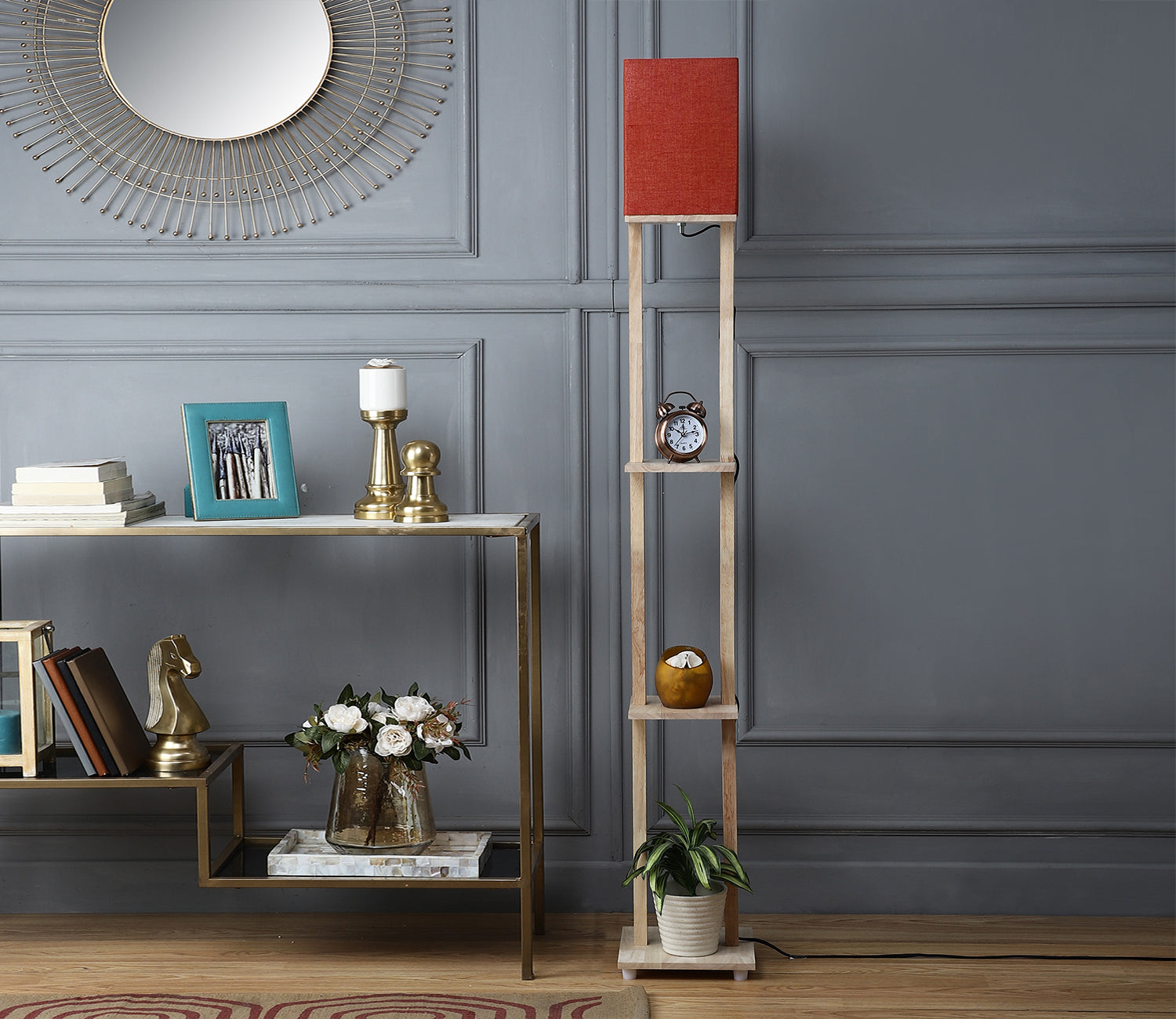 Red Color Cotton Shade 3 Tier Shelf Storage Solid Wooden Floor Lamp