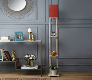 Red Color Cotton Shade 3 Tier Shelf Storage Solid Wooden Floor Lamp