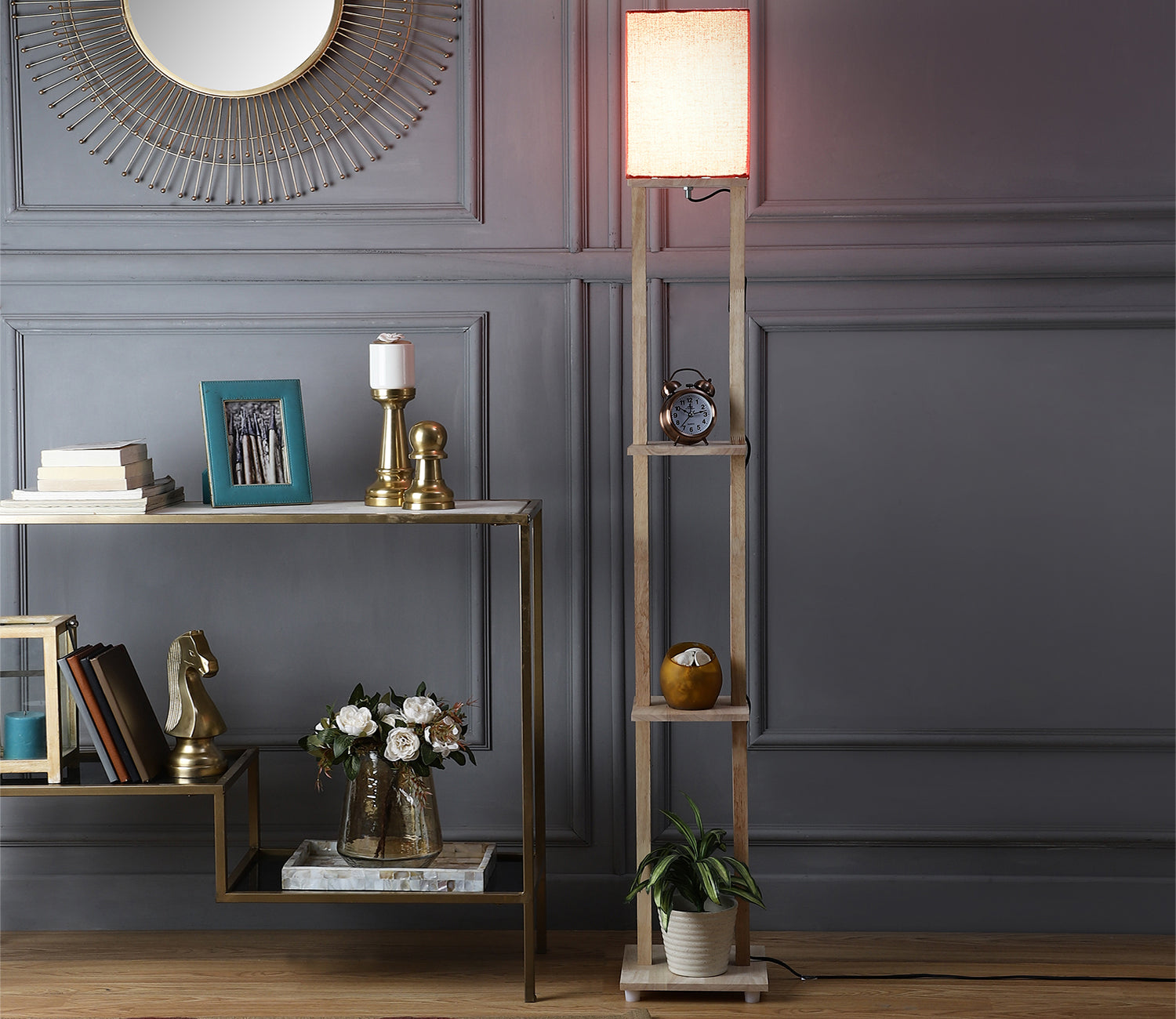 Red Color Cotton Shade 3 Tier Shelf Storage Solid Wooden Floor Lamp