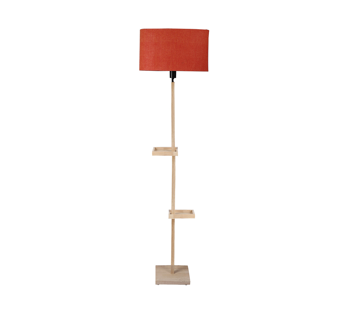 Red Fabric Double Shelf Floor Lamp with Natural Solid Wood Color Base