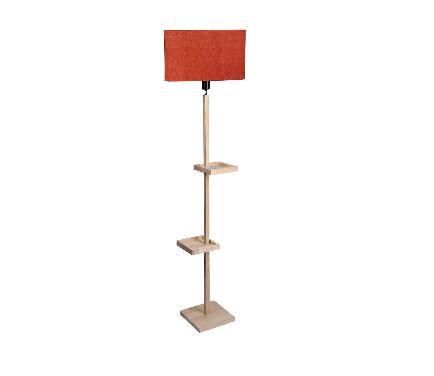 Red Fabric Double Shelf Floor Lamp with Natural Solid Wood Color Base