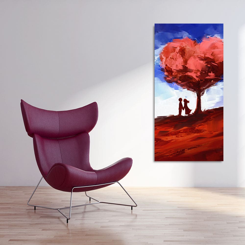 Red Love Heart Tree with Couple Premium Canvas Wall Painting