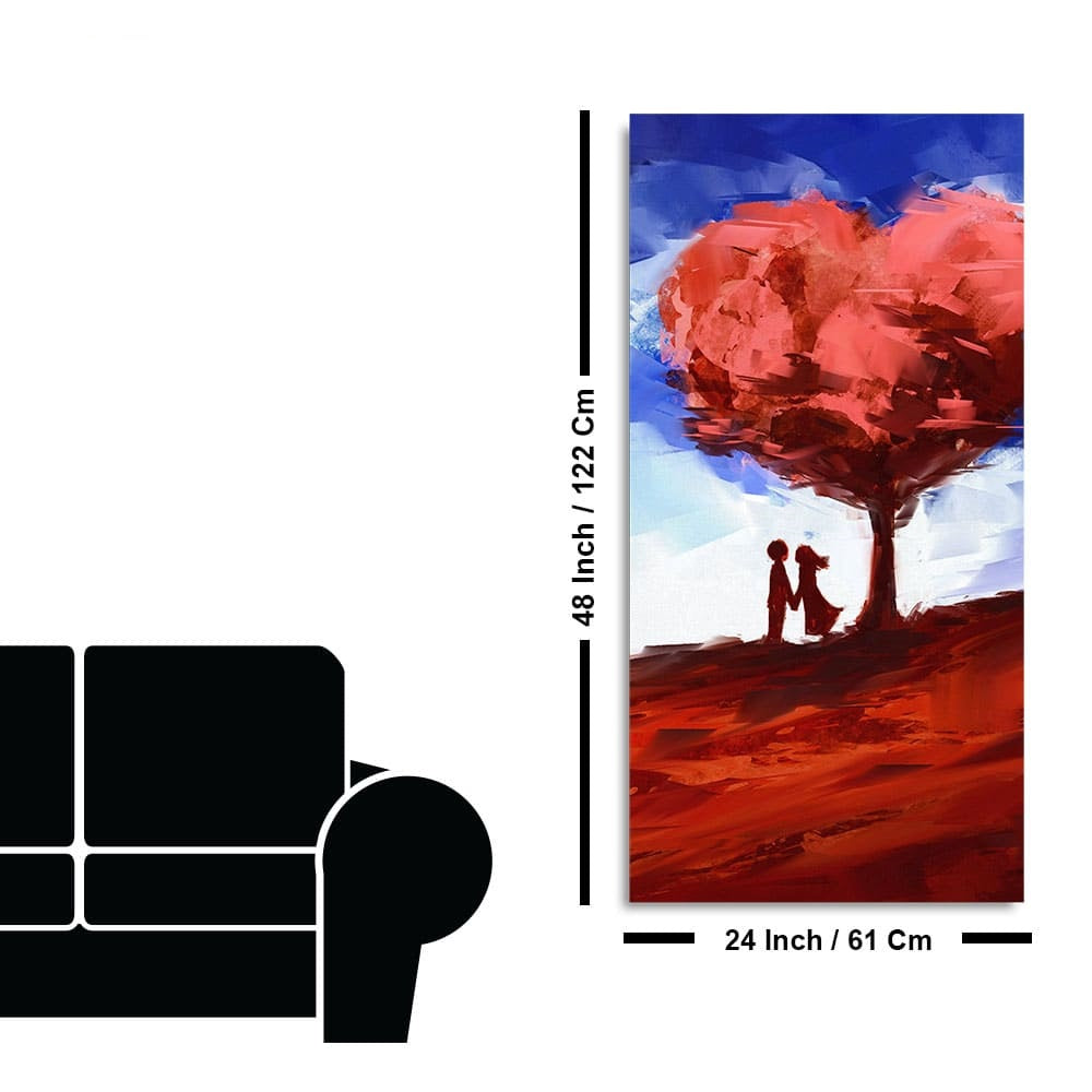 Red Love Heart Tree with Couple Premium Canvas Wall Painting