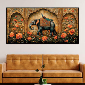 Regal Elephant and His Peacock Companion in a Blooming Palace Garden Canvas Painting