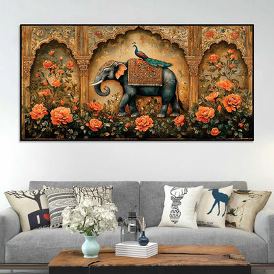 regal-elephant-and-his-peacock-companion-in-a-blooming-palace-garden-canvas-painting