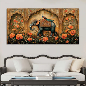 Regal Elephant and His Peacock Companion in a Blooming Palace Garden Canvas Painting