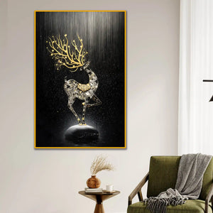 Regal Golden Stag Floating Frame Crystal Wall Painting