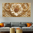 Regal Ivory Flower with Golden Scrollwork 3D Canvas Wall Painting