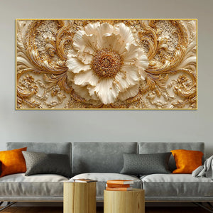 Regal Ivory Flower with Golden Scrollwork 3D Canvas Wall Painting