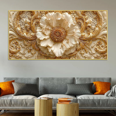Regal Ivory Flower with Golden Scrollwork 3D Canvas Wall Painting