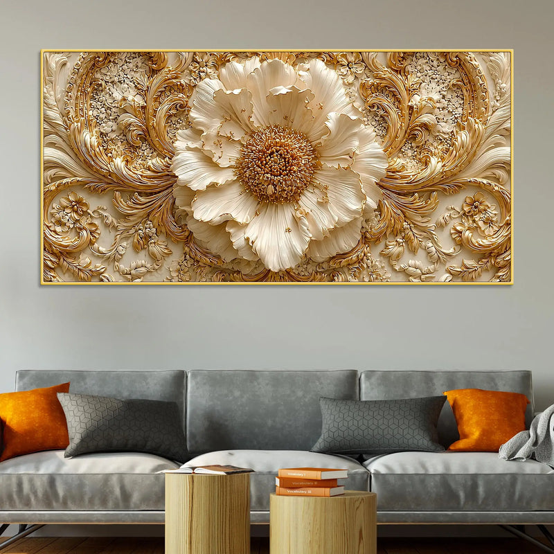 Regal Ivory Flower with Golden Scrollwork 3D Canvas Wall Painting