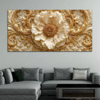 Regal Ivory Flower with Golden Scrollwork 3D Canvas Wall Painting