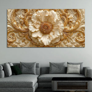 Regal Ivory Flower with Golden Scrollwork 3D Canvas Wall Painting
