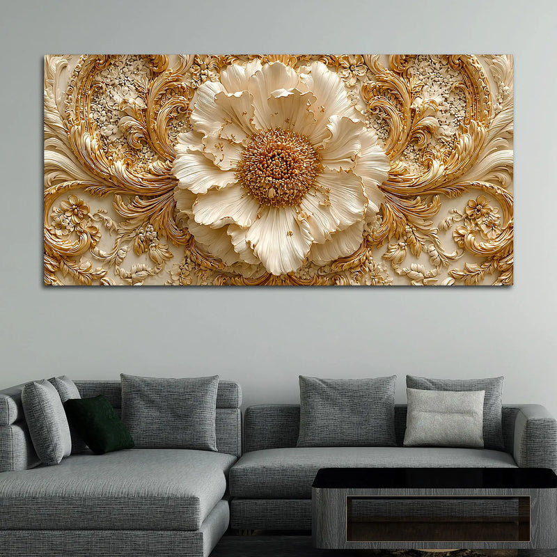 Regal Ivory Flower with Golden Scrollwork 3D Canvas Wall Painting