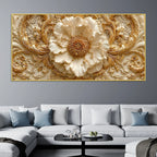 Regal Ivory Flower with Golden Scrollwork 3D Canvas Wall Painting