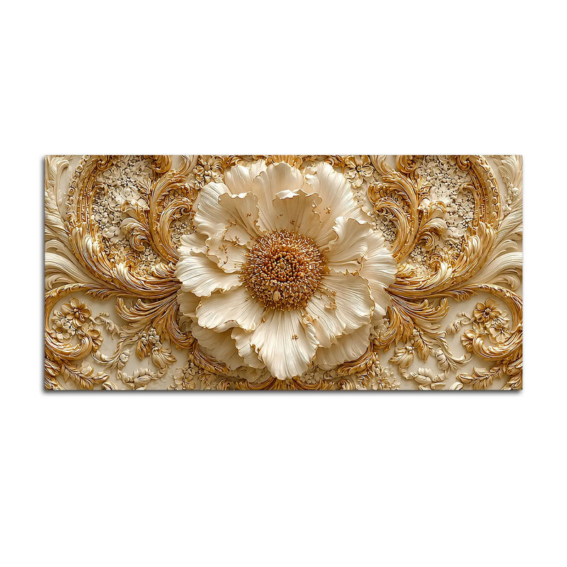 Regal Ivory Flower with Golden Scrollwork 3D Canvas Wall Painting