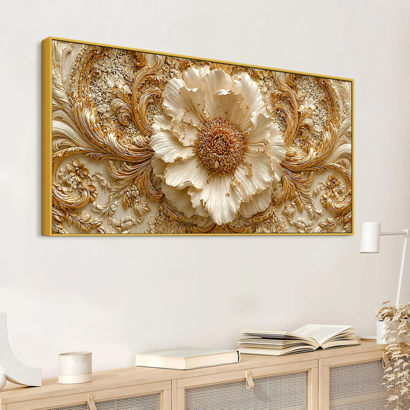 Regal Ivory Flower with Golden Scrollwork 3D Canvas Wall Painting