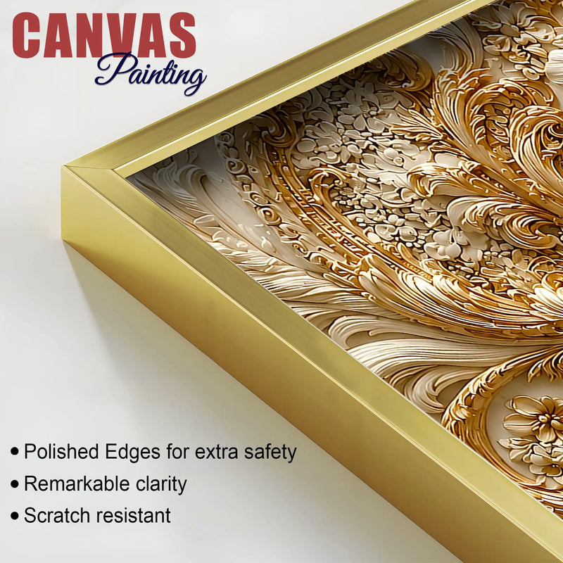 Regal Ivory Flower with Golden Scrollwork 3D Canvas Wall Painting
