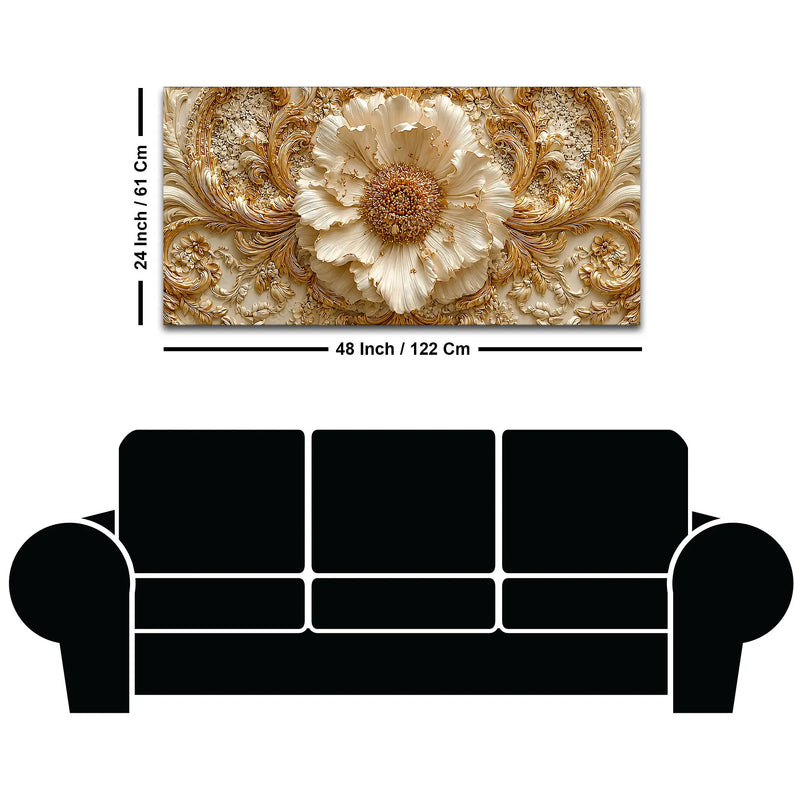 Regal Ivory Flower with Golden Scrollwork 3D Canvas Wall Painting