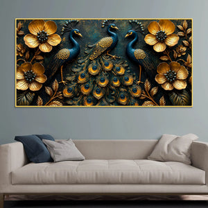 Regal Peacock Trio with Blooming Golden Flowers 3D Canvas Wall Painting