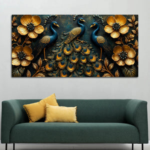 Regal Peacock Trio with Blooming Golden Flowers 3D Canvas Wall Painting