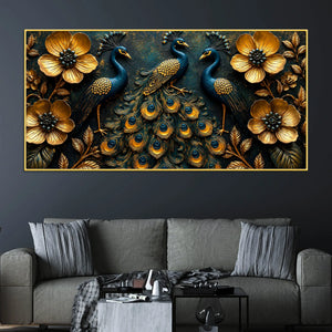 Regal Peacock Trio with Blooming Golden Flowers 3D Canvas Wall Painting