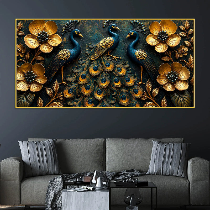 Regal Peacock Trio with Blooming Golden Flowers 3D Canvas Wall Painting