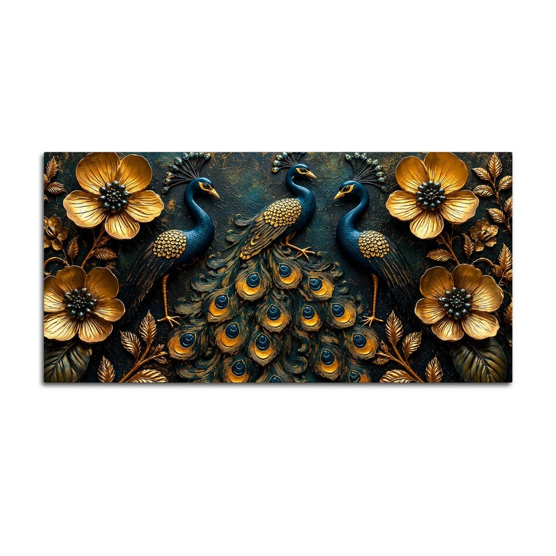 Regal Peacock Trio with Blooming Golden Flowers 3D Canvas Wall Painting