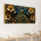 Regal Peacock Trio with Blooming Golden Flowers 3D Canvas Wall Painting