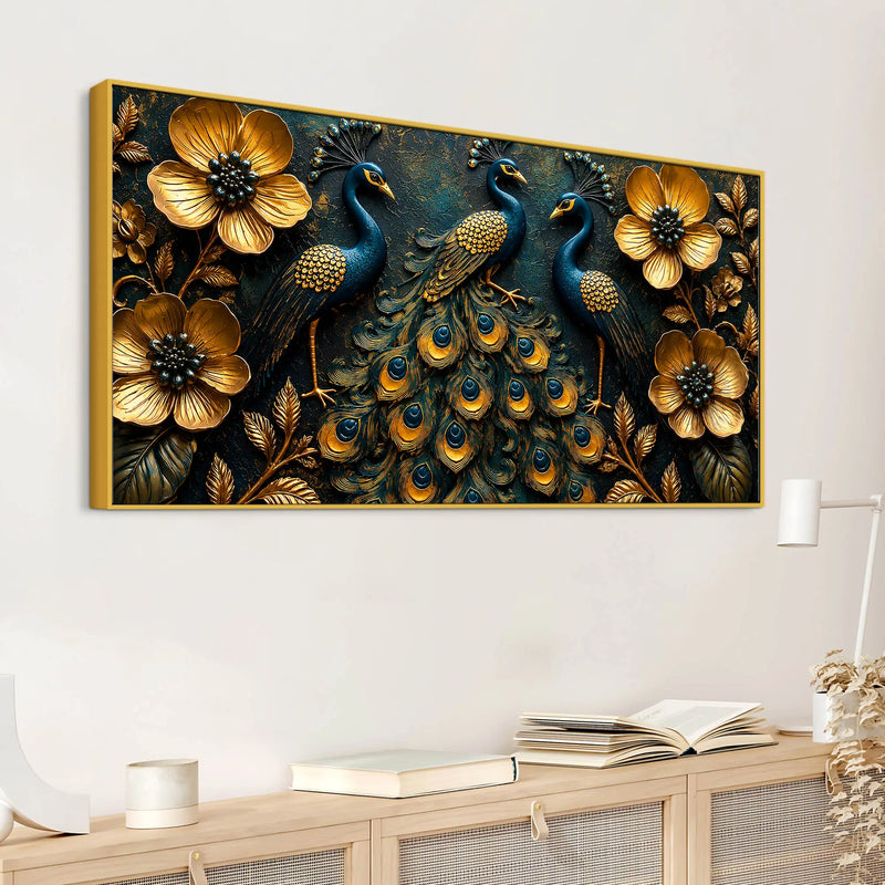 Regal Peacock Trio with Blooming Golden Flowers 3D Canvas Wall Painting