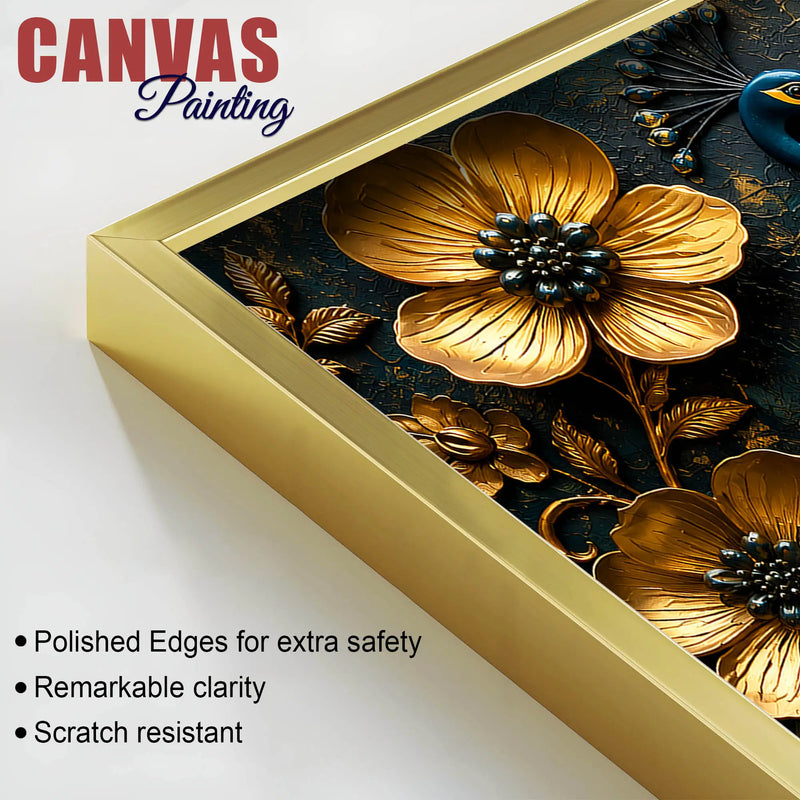 Regal Peacock Trio with Blooming Golden Flowers 3D Canvas Wall Painting