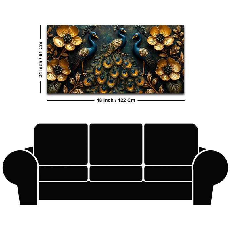 Regal Peacock Trio with Blooming Golden Flowers 3D Canvas Wall Painting