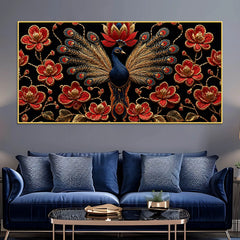 Regal Peacock with Crimson Blossoms 3D Canvas Wall Painting