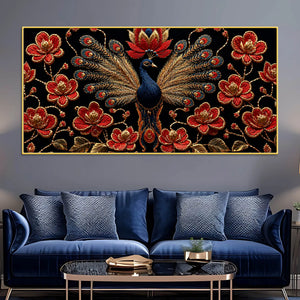 Regal Peacock with Crimson Blossoms 3D Canvas Wall Painting