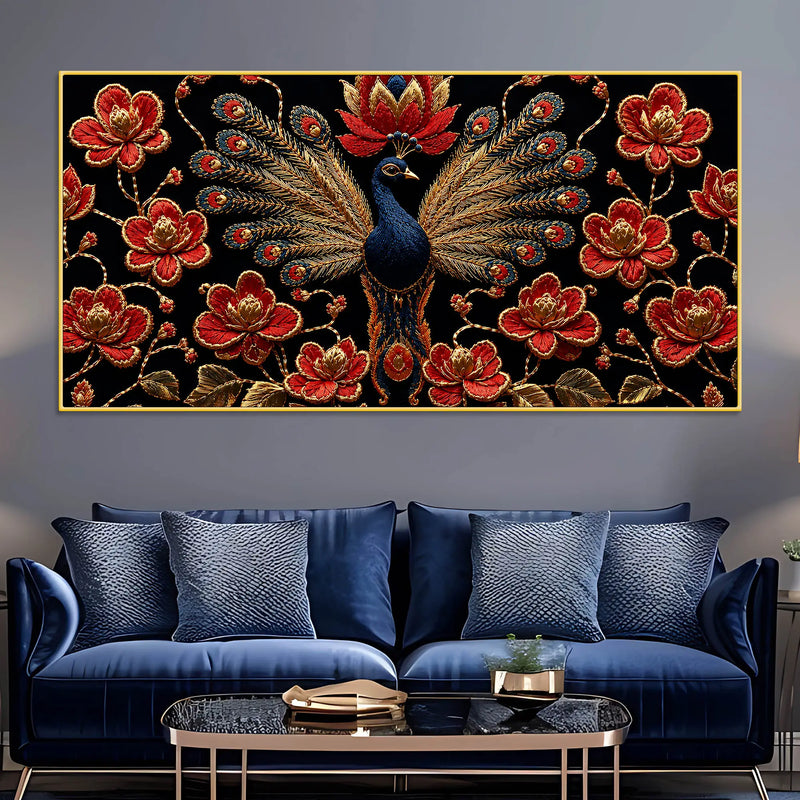 Regal Peacock with Crimson Blossoms 3D Canvas Wall Painting
