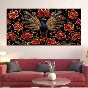 Regal Peacock with Crimson Blossoms 3D Canvas Wall Painting
