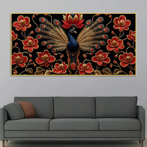 Regal Peacock with Crimson Blossoms 3D Canvas Wall Painting