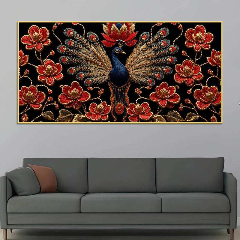 Regal Peacock with Crimson Blossoms 3D Canvas Wall Painting