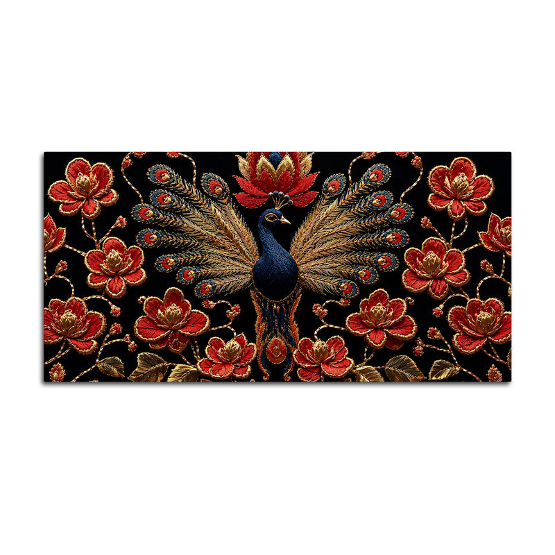Regal Peacock with Crimson Blossoms 3D Canvas Wall Painting