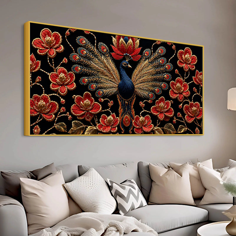 Regal Peacock with Crimson Blossoms 3D Canvas Wall Painting