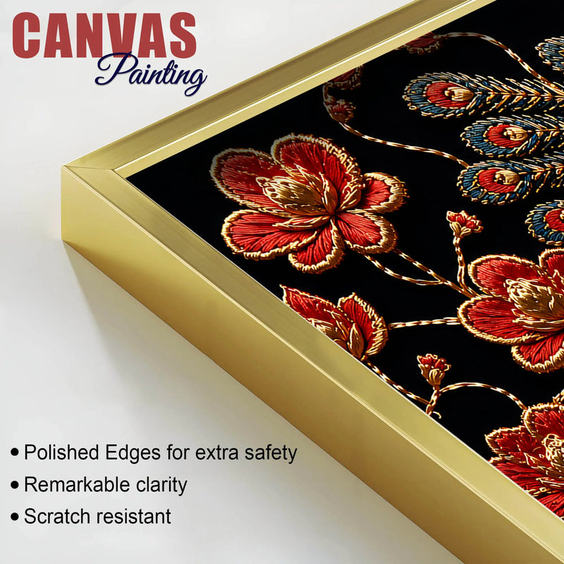 Regal Peacock with Crimson Blossoms 3D Canvas Wall Painting