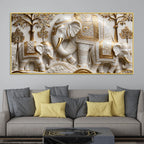 Regal White Elephant Family with Golden Embellishments 3D Canvas Wall Painting