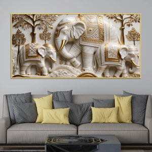 Regal White Elephant Family with Golden Embellishments 3D Canvas Wall Painting