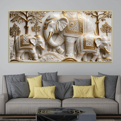 Regal White Elephant Family with Golden Embellishments 3D Canvas Wall Painting