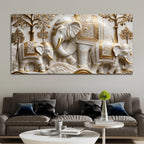 Regal White Elephant Family with Golden Embellishments 3D Canvas Wall Painting